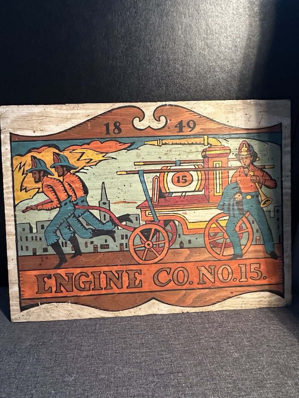 Hand Painted Wood Fire Engine Co No 15 1849 Firefighter Folk Art Wall Sign